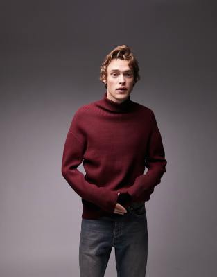knitted rib roll neck sweater in burgundy-Purple