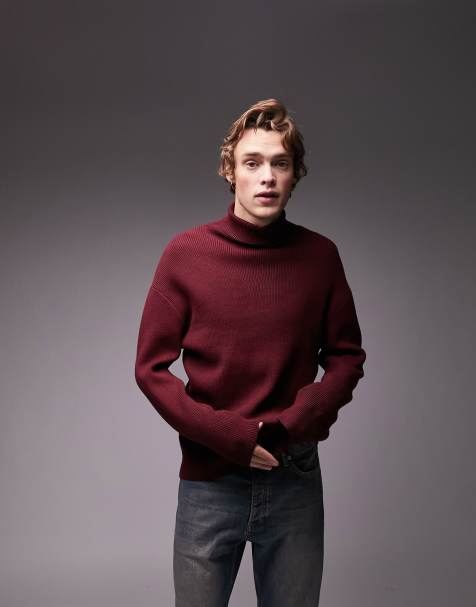 Topman knitted rib roll neck sweater in burgundy - view 1