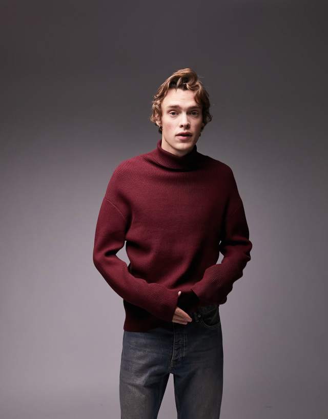 Topman knitted rib roll neck sweater in burgundy