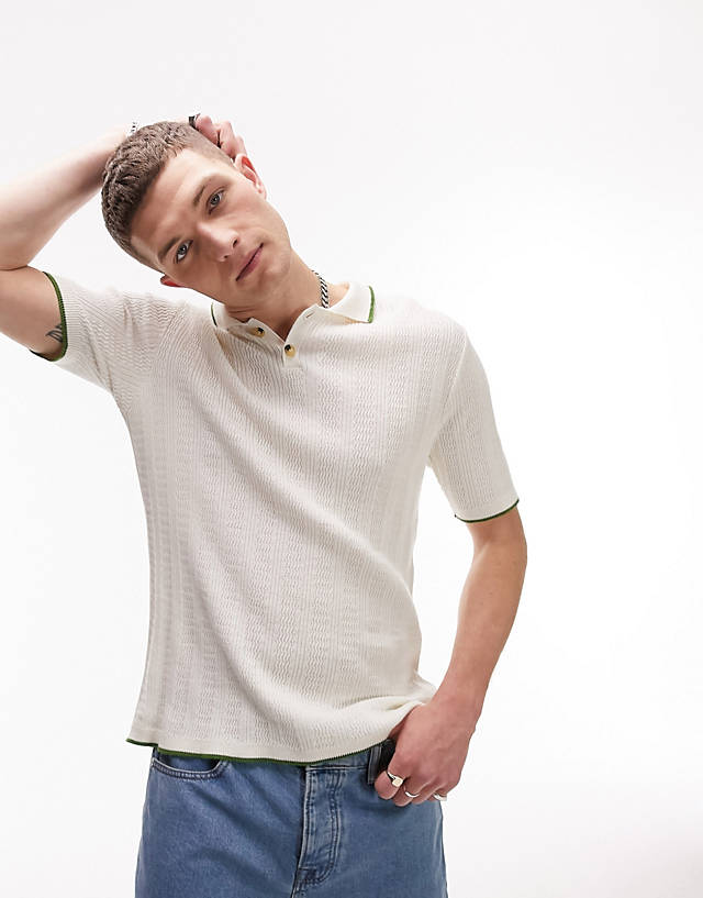 Topman - knitted rib texture polo with contrast tipping in ecru
