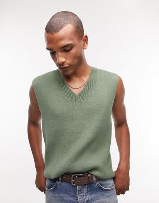 Topman knitted rib v neck tank in green