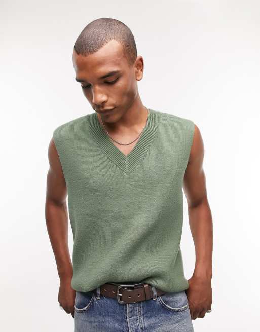 Topman knitted rib v neck tank in green | ASOS