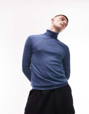Topman Knitted Roll Neck In Blue Twist