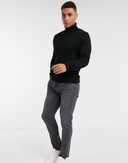 Topman knitted roll neck jumper in black