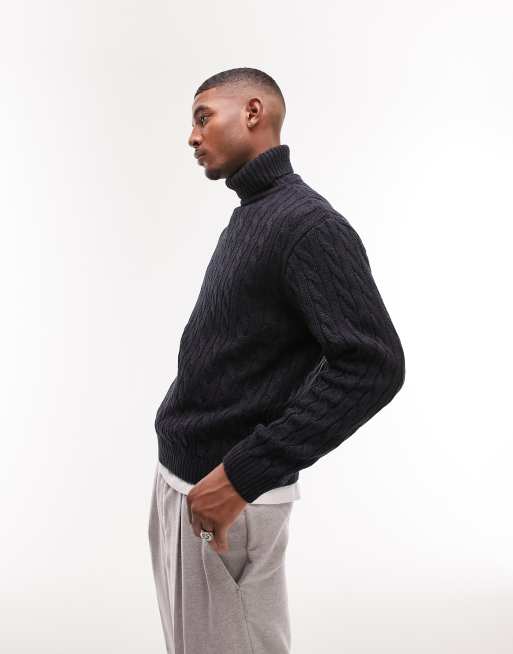 Topman knitted roll neck jumper with twist in navy