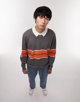 Topman knitted rugby polo with stripe in charcoal & orange