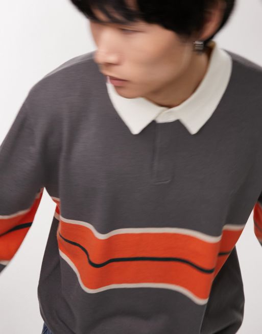 Topman knitted rugby polo with stripe in charcoal & orange | ASOS
