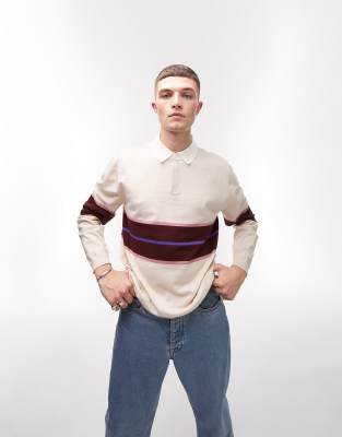 Topman knitted rugby polo with stripe in ecru & pink