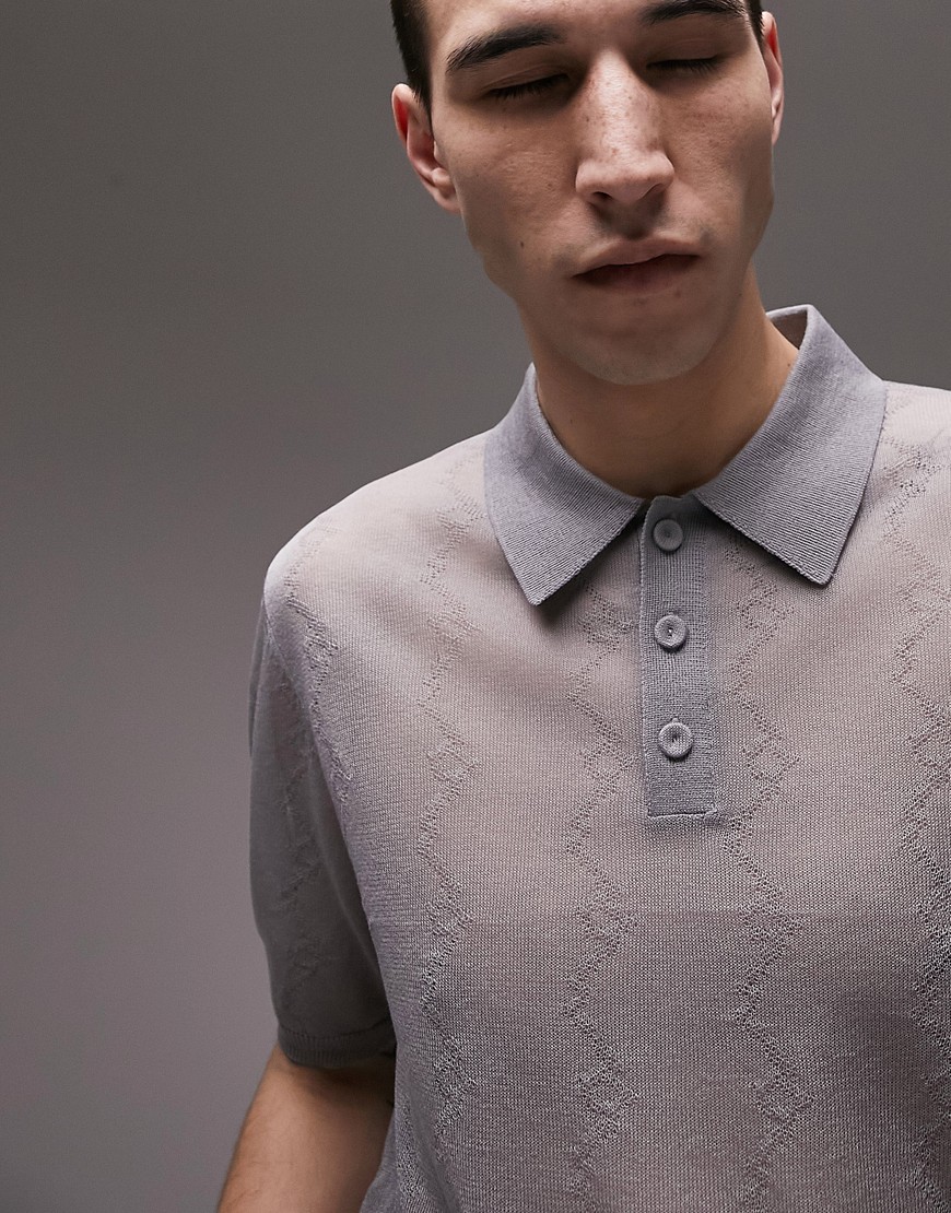 Topman knitted sheer polo with pointelle in grey-Green