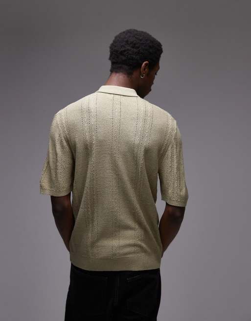 Topman knitted short sleeve 1/4 zip textured polo shirt in sage, 3 of 4