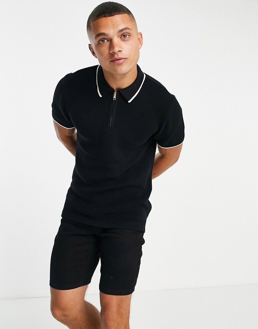 Topman knitted short sleeve black stitch polo