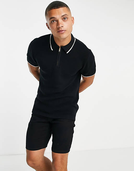  Topman knitted short sleeve black stitch polo 