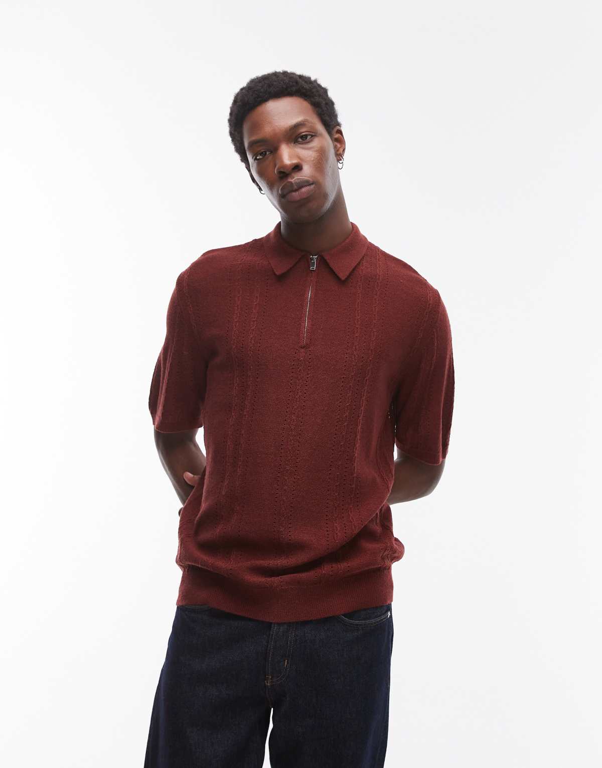 Topman knitted short sleeve1/4 zip textured polo shirt in brown