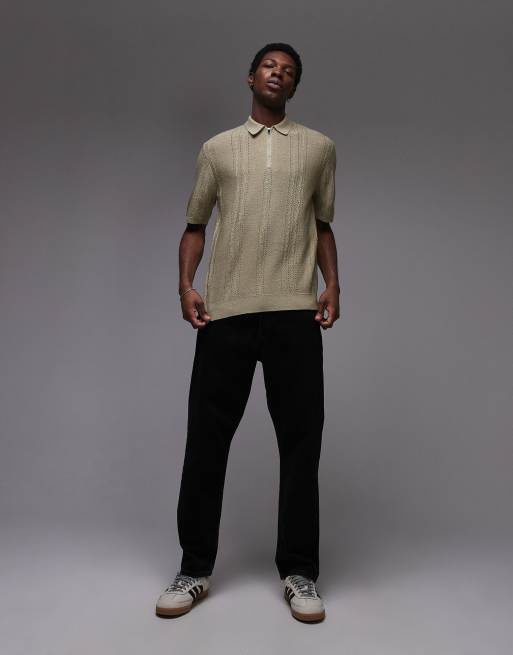 Topman knitted short sleeve1/4 zip textured polo shirt in sage, 2 of 4