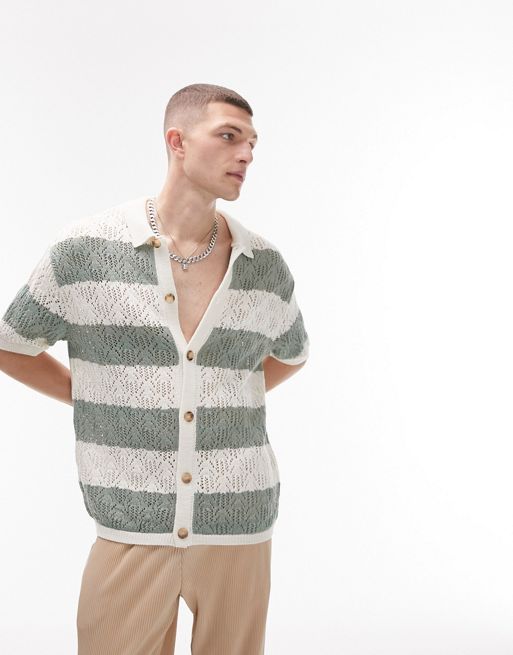 Topman knitted stripe crochet button through shirt in sage | ASOS