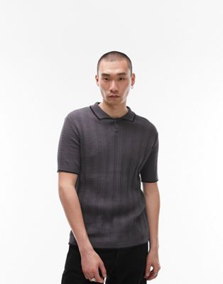 Topman knitted stripe polo with contrast tipping in grey