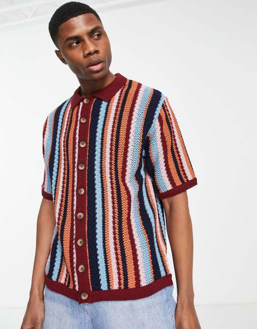 Topman knitted stripe texture button through shirt in multi