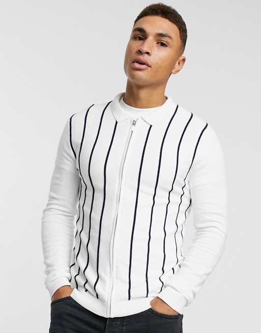 Topman knitted striped zip through jumper in white