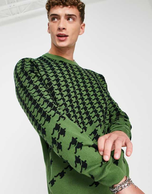 Topman knitted sweater with mix scale dog tooth check in green