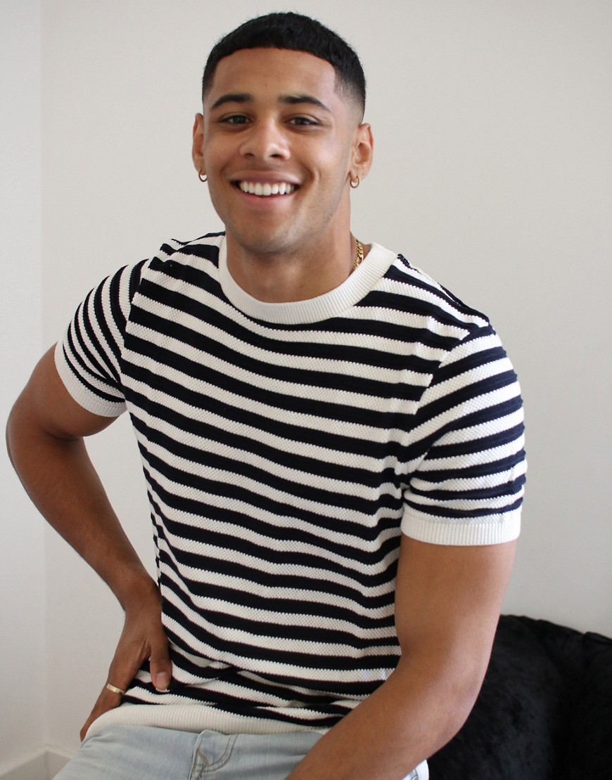 Topman knitted t-shirt with stripe in navy & stone-Multi