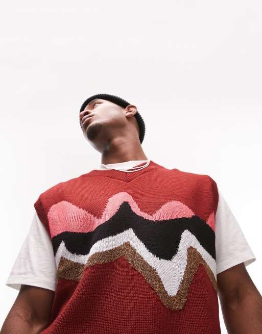 Topman knitted tank with zig zag print in burgundy