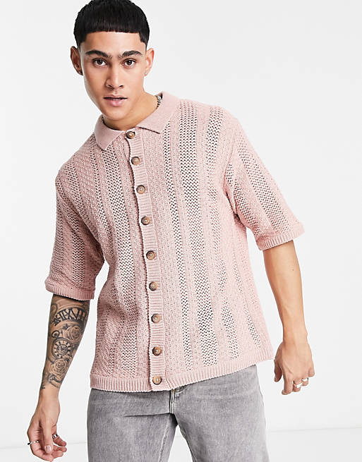 Men Topman knitted texture button through polo in pink 