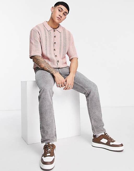 Men Topman knitted texture button through polo in pink 