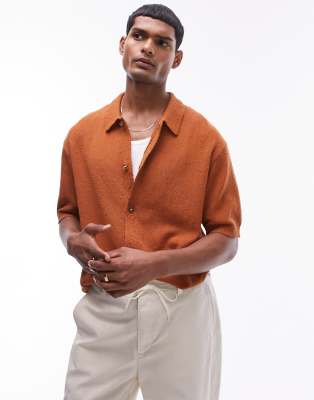 Topman Knitted Textured Button Through Shirt In Rust-brown In Brown