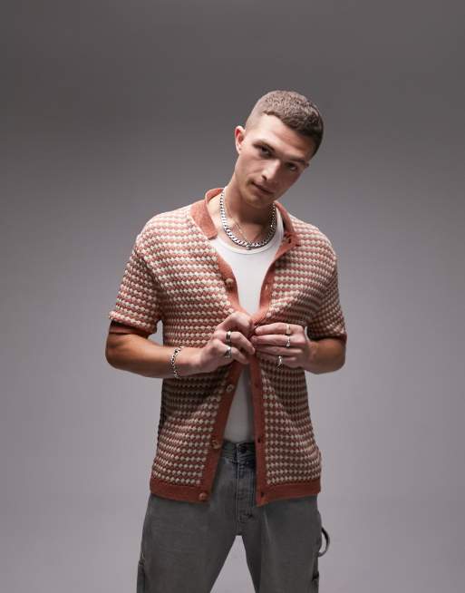 Topman knitted textured crochet button through polo in rust