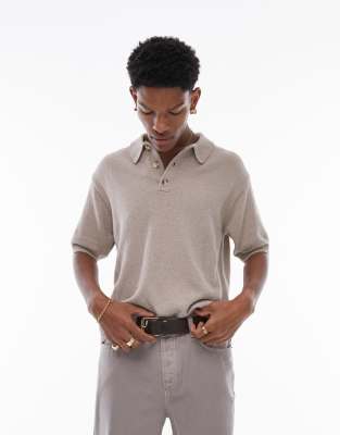 Topman Knitted Textured Polo In Stone-neutral