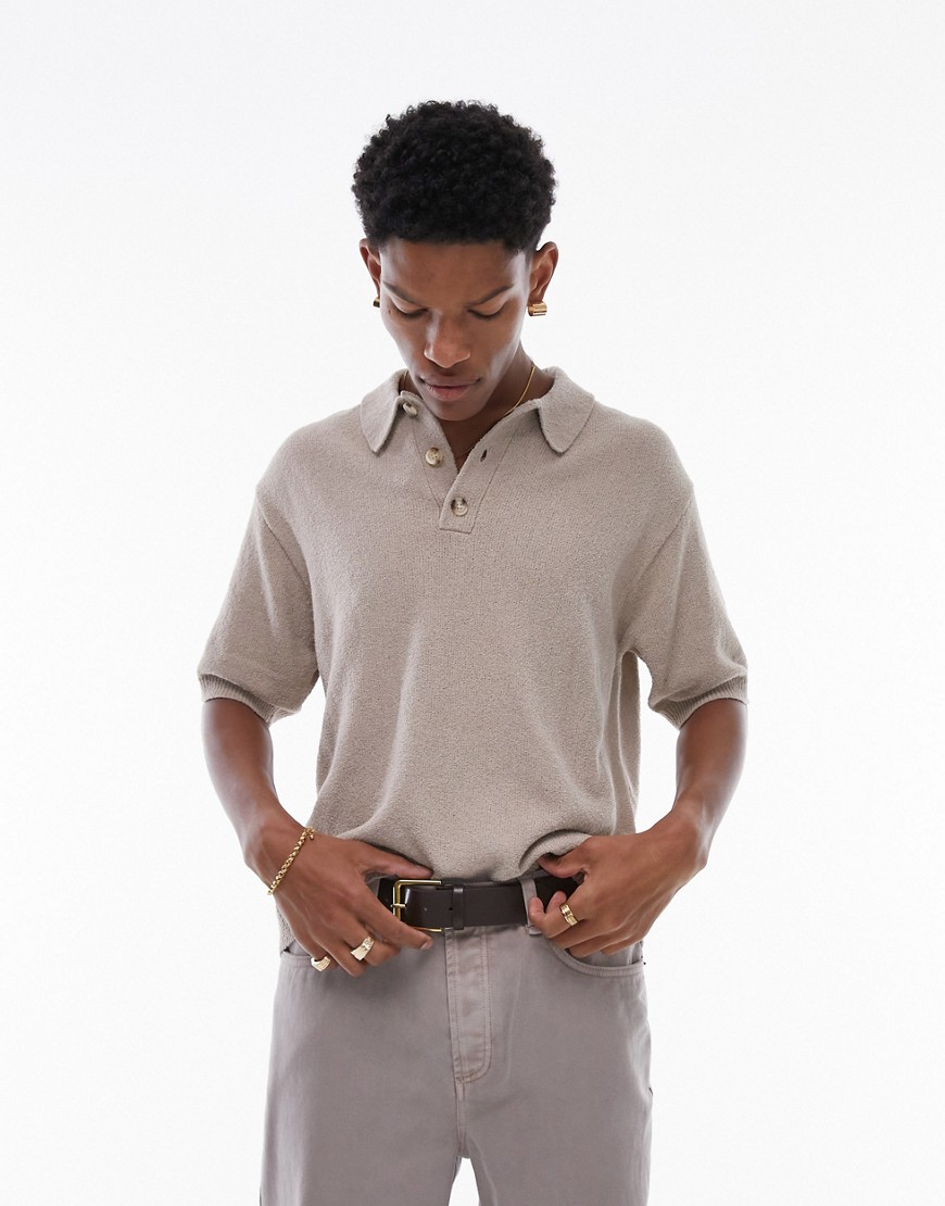 knitted textured polo in stone-Neutral