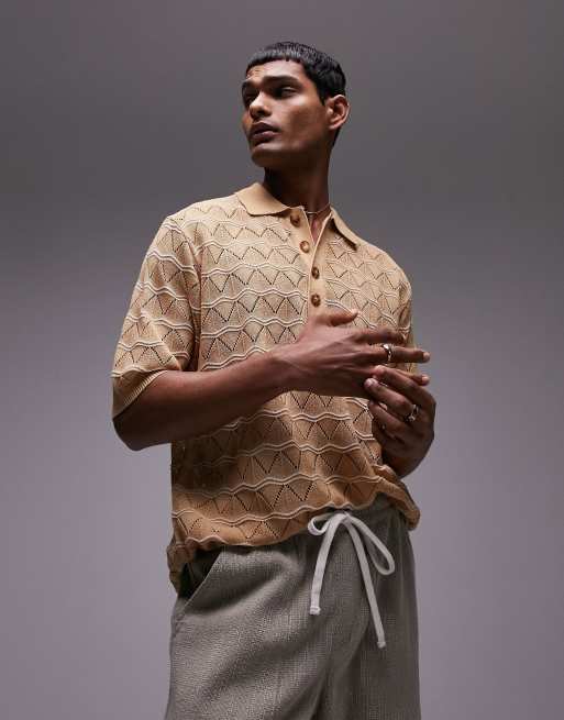 Topman knitted textured wavy stripe polo in camel