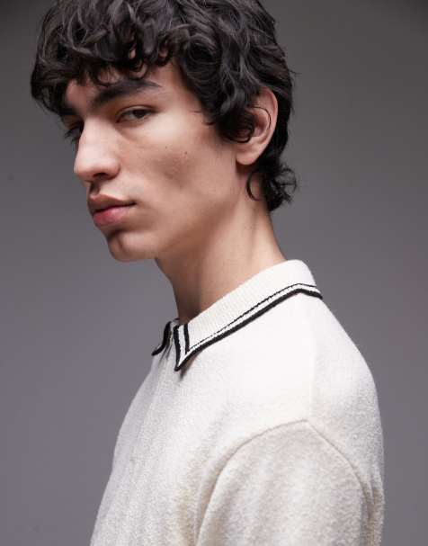 Topman knitted towelling polo with tipping in cream - view 1