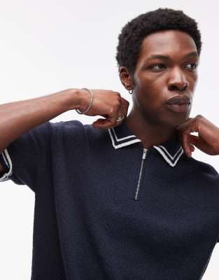 Topman Topman knitted towelling polo with tipping in navy