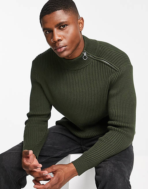 Topman knitted turtle neck jumper with side zip in khaki