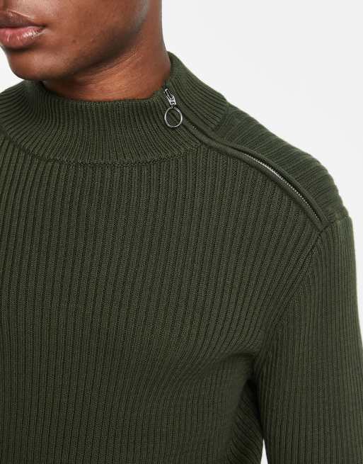 Topman knitted turtle neck jumper with side zip in khaki | ASOS