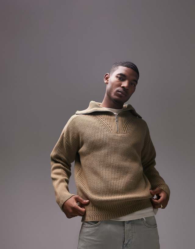 Topman - knitted utility funnel neck jumper in khaki