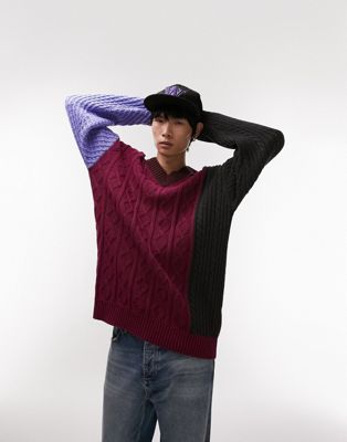 Topman knitted v neck jumper with mix stitch in burgundy
