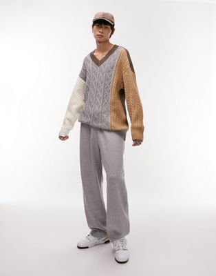 Topman knitted v neck jumper with mix stitch in stone