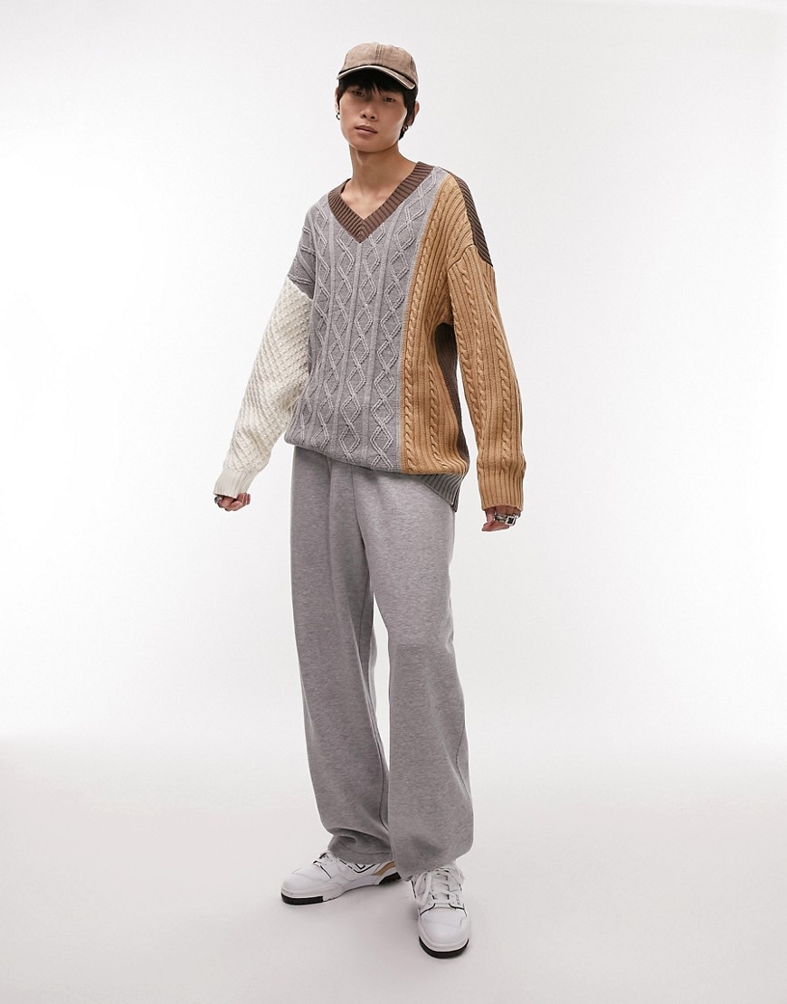 Topman knitted v neck jumper with mix stitch in stone-Neutral