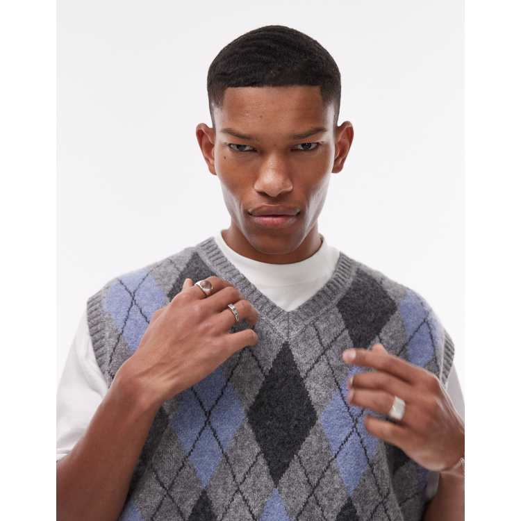 Topman knitted vest in gray & blue argyle | ASOS