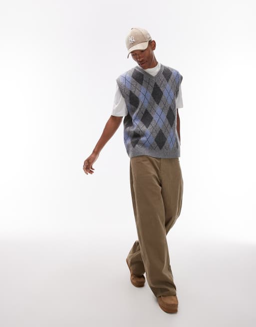 Topman knitted vest in gray & blue argyle | ASOS