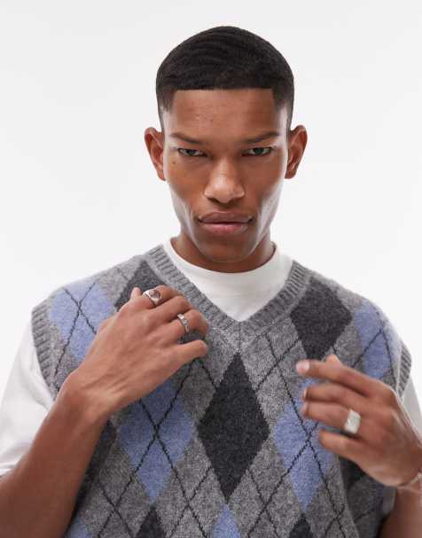Topman knitted vest in grey & blue argyle - view 1