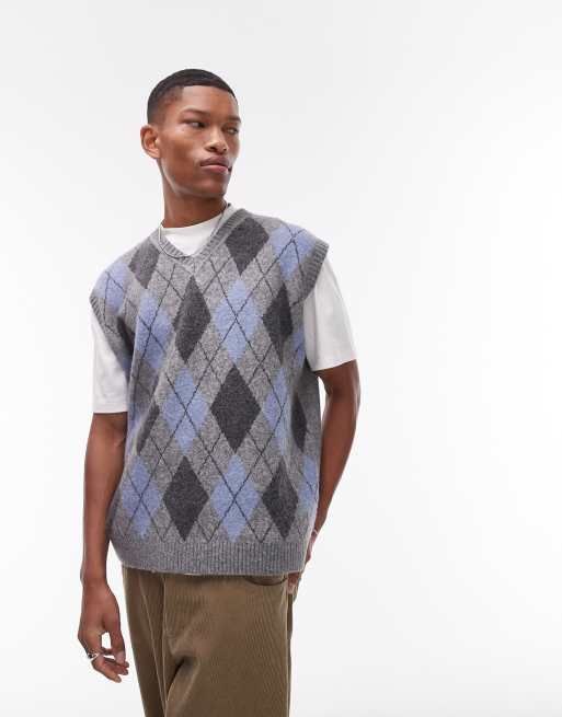 Topman knitted vest in grey & blue argyle | ASOS