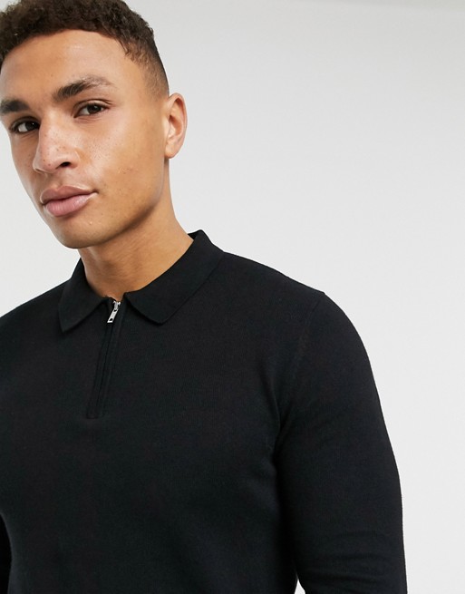 Topman knitted zip neck polo in black