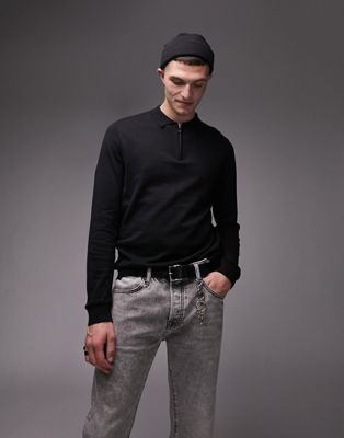 Topman essential knitted zip polo in black