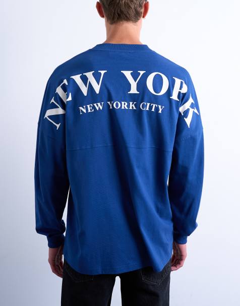 Topman – Koboltblå t-shirt i relaxed fit med långa ärmar och 'New York City'-tryck - view 1