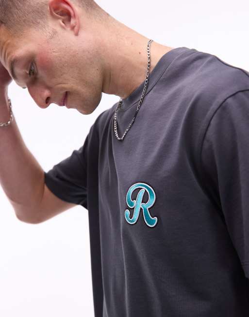Topman - Koksgrå og oversized T-shirt i kraftigt materiale med broderi i chenille