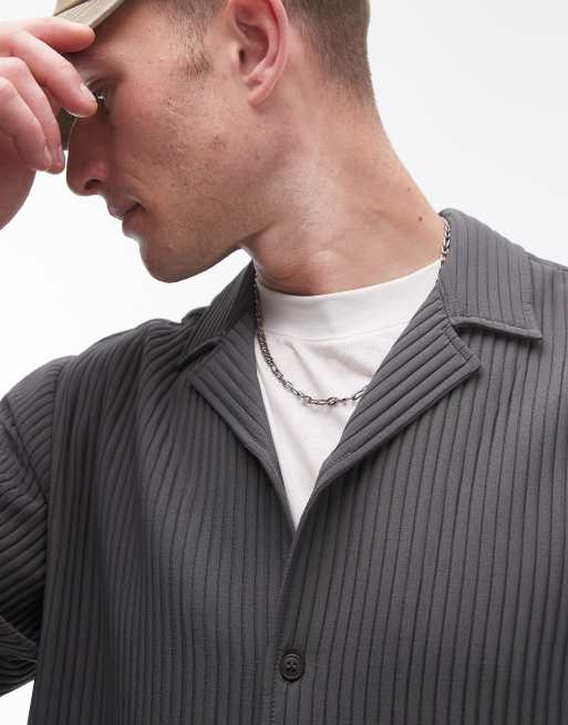 Topman - Koksgrå skjorte med reverskrave, lange ærmer og plisseringer i regular fit, 4 af 4