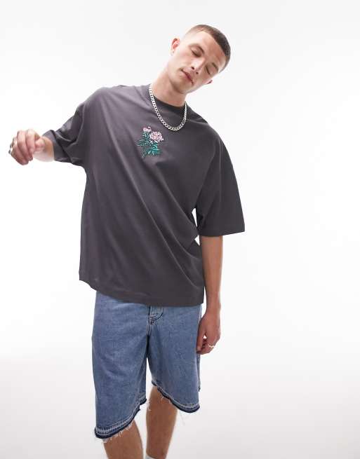 Topman - Koksgrå super-oversized T-shirt med blomsterbroderi, 4 af 4